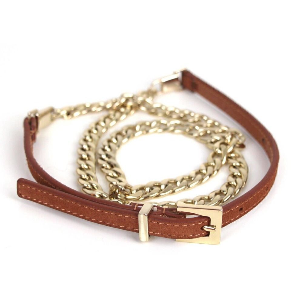 SKINNY BROWN LEATHER SILVER CHAIN 3/8"Wd DRESS WOMEN'S BELT Sz L-XL (B7